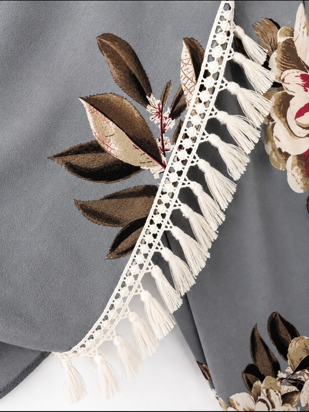 Umgee Grey Floral Kimono with Tassel Trim - Picture 6 of 6
